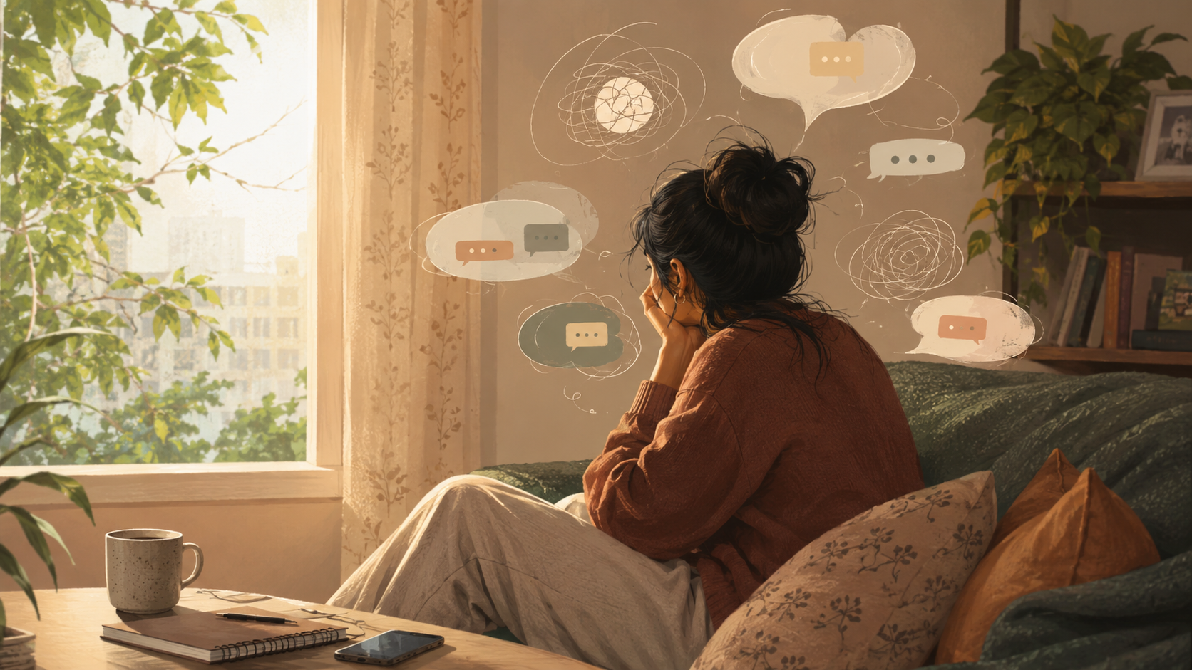 A person journalling during an online counselling session in a warm, plant-filled room.