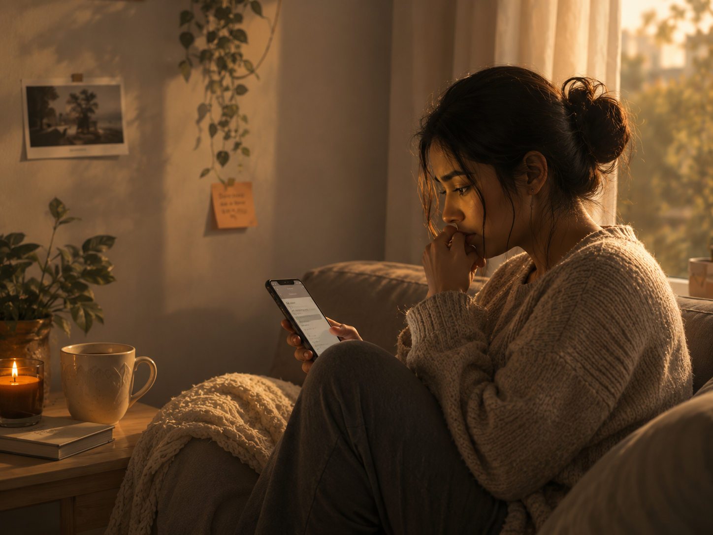 A person journalling during an online counselling session in a warm, plant-filled room.